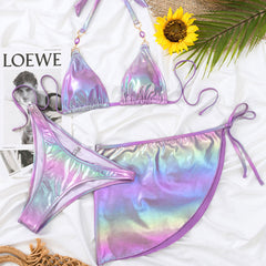 Rhinestone High Cut Halter Triangle Brazilian Three Piece Bikini Swimsuit