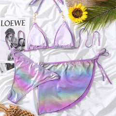 Rhinestone High Cut Halter Triangle Brazilian Three Piece Bikini Swimsuit