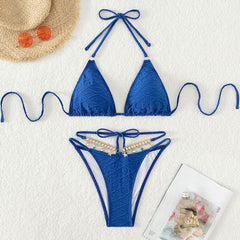 Rhinestone String Cheeky Textured Slide Triangle Brazilian Two Piece Bikini Swimsuit
