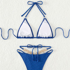 Rhinestone String Cheeky Textured Slide Triangle Brazilian Two Piece Bikini Swimsuit