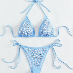 Rhinestone Tie String Cheeky Triangle Brazilian Two Piece Bikini Swimsuit