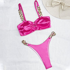 Satin Metallic Chain O Ring High Leg Cheeky Two Piece Bikini Swimsuit
