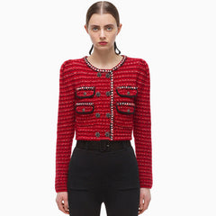 Scoop Neck Long Sleeve Double Breasted Cropped Cardigan - Red