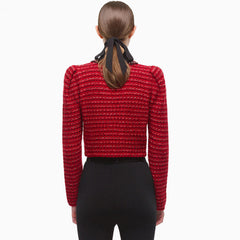 Scoop Neck Long Sleeve Double Breasted Cropped Cardigan - Red