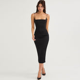 Square Neck Spaghetti Strap Satin Slip Midi Dress - Black
