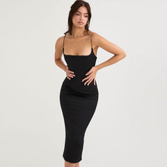 Square Neck Spaghetti Strap Satin Slip Midi Dress - Black