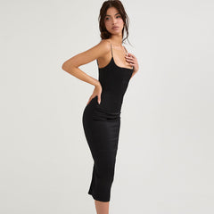 Square Neck Spaghetti Strap Satin Slip Midi Dress - Black