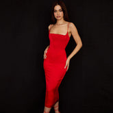 Square Neck Spaghetti Strap Satin Slip Midi Dress - Red