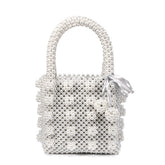 Square Top Handle Cluster Pearl Bucket Clutch Bag - White