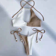 String Cheeky Beaded Cutout Textured Brazilian Two Piece Bikini Swimsuit