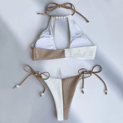 String Cheeky Beaded Cutout Textured Brazilian Two Piece Bikini Swimsuit