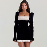 Two Tone Satin Smocked Puff Sleeve Pleated Velvet Corset Mini Party Dress