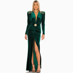 Velvet Fringe Deep V High Slit Maxi Evening Dress - Emerald Green
