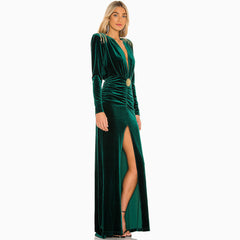 Velvet Fringe Deep V High Slit Maxi Evening Dress - Emerald Green