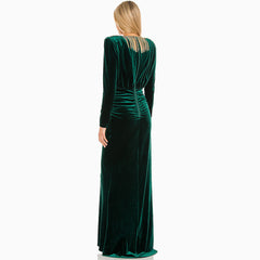 Velvet Fringe Deep V High Slit Maxi Evening Dress - Emerald Green
