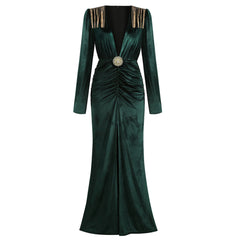 Velvet Fringe Deep V High Slit Maxi Evening Dress - Emerald Green