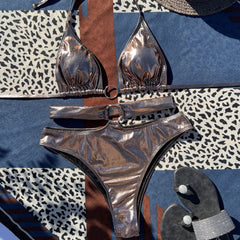 Zweiteiliger brasilianischer Bikini-Badeanzug mit Metall-O-Ring und hoher Taille, Cut-Out, Wickel-Triangel