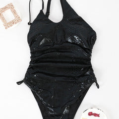 Metallic Animal Print Drawstring One Shoulder Brazilian One Piece Swimsuit