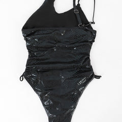 Metallic Animal Print Drawstring One Shoulder Brazilian One Piece Swimsuit