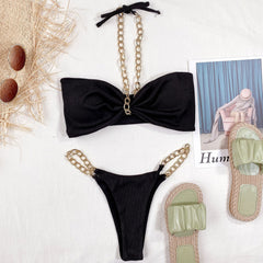 Metallic Chain Halter Bandeau Ribbed Brazilian Two Piece Bikini Swimsuit