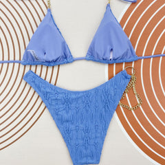 Metallic Chain High Leg Textured Slide Triangle Brazilian Two Piece Bikini Swimsuit