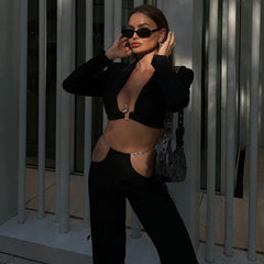 Metallic Chain Low Waist Cutout Pant Cropped BlazerMatching Set- Black