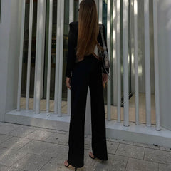 Metallic Chain Low Waist Cutout Pant Cropped BlazerMatching Set- Black