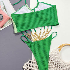 Metallic Chain Strappy Cutout Cheeky Bicolor Ribbed Brazilian One Piece Swimsuit