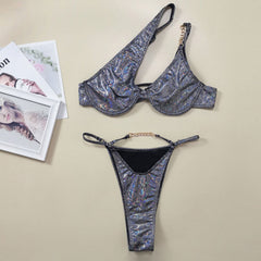 Metallic Chain String Underwire One Shoulder Brazilian Two Piece Bikini Swimsuit