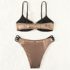 Metallic Cutout Strappy Cheeky U Wire Bralette Brazilian Two Piece Bikini Swimsuit
