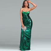 Vestido de noche largo con escote en forma de corazón, plisado y drapeado metálico - Verde