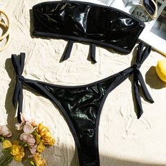 Metallic Foil Tie Strap Skimpy Thong Bandeau Brazilian Two Piece Bikini Swimsuit