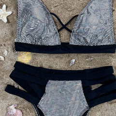 Metallic Gingham Cutout High Waist Triangle Brazilian Two Piece Bikini Swimsuit