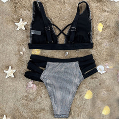 Metallic Gingham Cutout High Waist Triangle Brazilian Two Piece Bikini Swimsuit