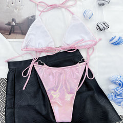 Metallic Gingham Heart Trim Slide Triangle Brazilian Two Piece Bikini Swimsuit
