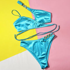 Metallic O Ring Cutout Wrap Around Brazilian Two Piece Bikini Swimsuit
