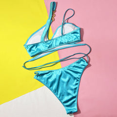 Metallic O Ring Cutout Wrap Around Brazilian Two Piece Bikini Swimsuit
