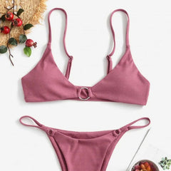 Metallic O Ring Ribbed String Bralette Brazilian Two Piece Bikini Swimsuit
