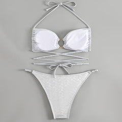 Metallic O Ring String Cheeky Wrap Halter Brazilian Two Piece Bikini Swimsuit