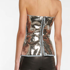 Metallic Sequin Embellished Sleeveless Denim Bustier Crop Top
