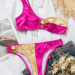 Metallic Shell Contrast High Cut One Shoulder Brazilian Two Piece Bikini Swimsuit