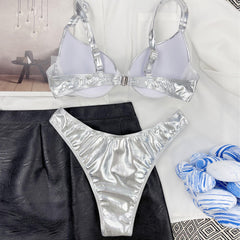 Metallic Solid Color High Cut Underwire Brazilian Two Piece Bikini Swimsuit