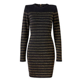 Vestido de fiesta mini ajustado de punto con detalle de botones y rayas metalizadas, manga larga