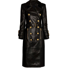 Military Metal Button Detail Peak Lapel Long Sleeve Belted Midi Vegan Leather Coat