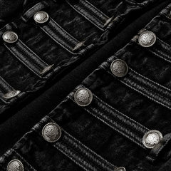 Kurze Jeansjacke mit Stehkragen und Metallbeschlägen im Militärstil, langärmlig, vorne offen