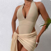 Minimalist High Cut Deep V Halter Open Back Brazilian One Piece Swimsuit