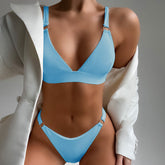 Traje de baño de bikini brasileño de dos piezas con triángulos y acanalado de corte alto minimalista