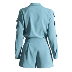 Modern 3D Flower Applique Collared Deep V Neck Long Sleeve BlazerRomper