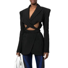 Modern Cut Out Self Tie Wraparound Peak Lapel Long Sleeve Mini BlazerDress