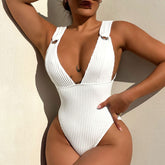 Modern Rib Knit Cheeky Metallic Loop Deep V Brazilian One Piece Swimsuit